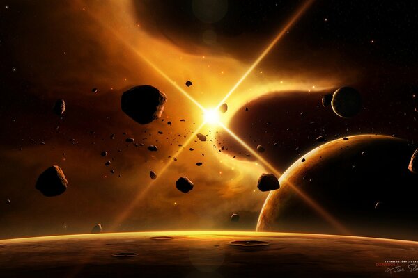 Flying asteroids on a sunny background in outer space