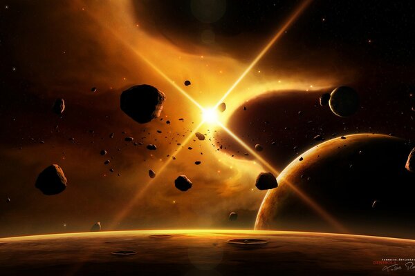 Latające asteroidy na słonecznym tle w kosmosie