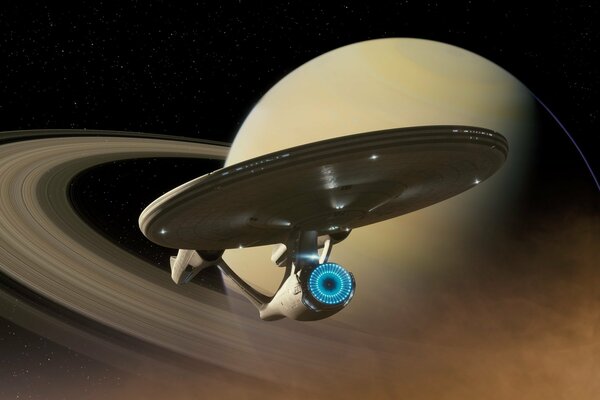 A spaceship in outer space against the background of the planet Saturn