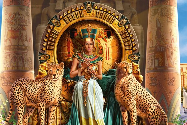 Cleopatra with two leopards sits on the throne