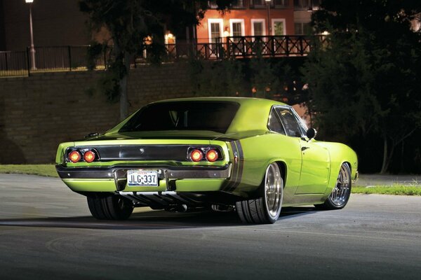 Green car at night. Photo of the car behind