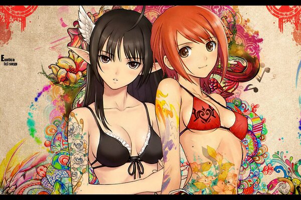 Two girlfriends in bikinis on a background of patterns