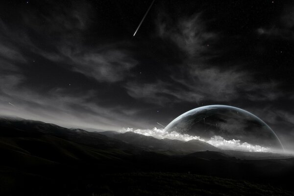 Shooting star in a cloudy sky on a dark background