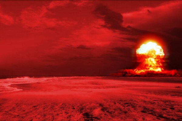 A bright nuclear explosion on a red background in the desert