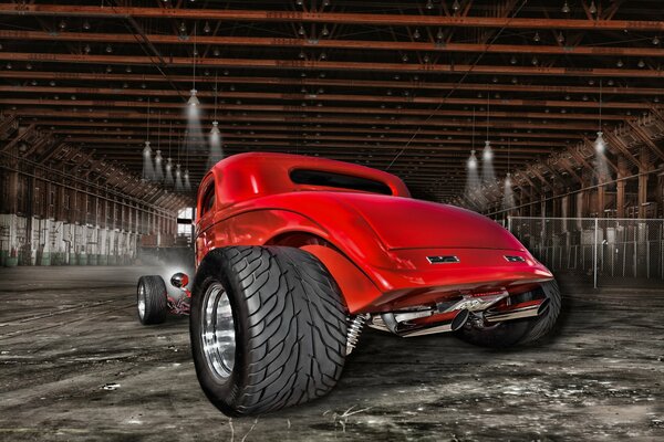 Arte Hot Rod rossa con grandi ruote