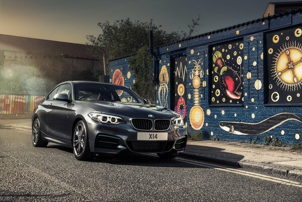 Schwarzer BMW auf dem Hintergrund einer geschmückten Wand