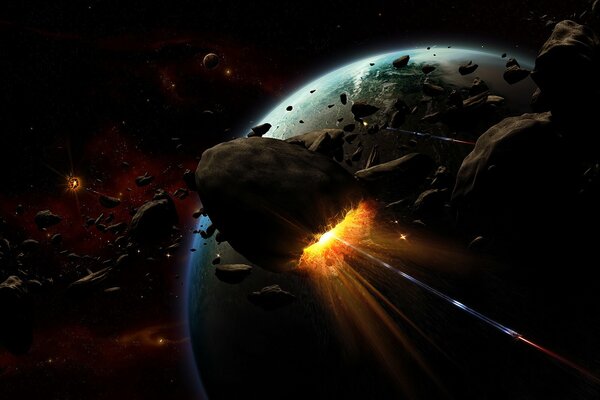 A planet with exploding asteroids in space