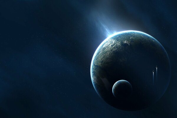 El planeta tierra y su satélite sobre un fondo azul oscuro