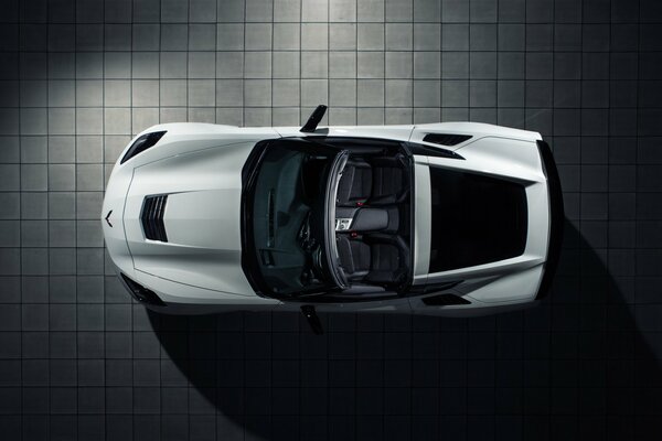 Top view of a white chevrolet car on black squares