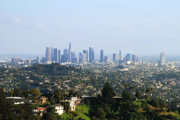 Panorama of the metropolis in the morning foggy haze