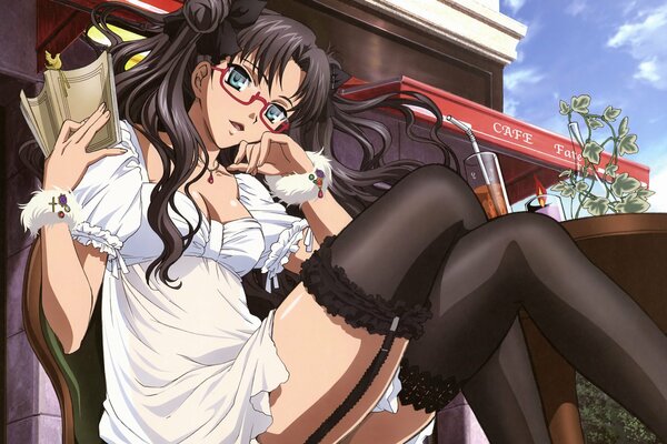 Anime girl in glasses and stockings