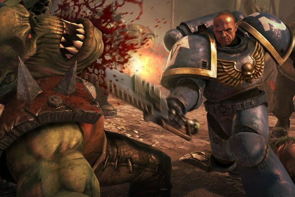 Space Marine taglia la testa dell orco con una spada a catena