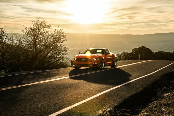 Formas elegantes de ford mustang a la luz del atardecer