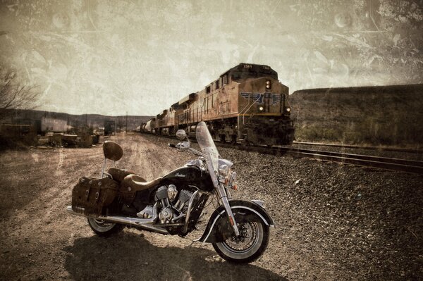 Cool motorcycle on the background of a locomotive