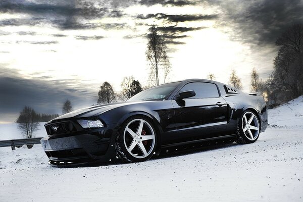 Ford Mustang gris en la pista de invierno