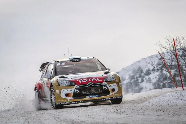 Racing car on a snowy track