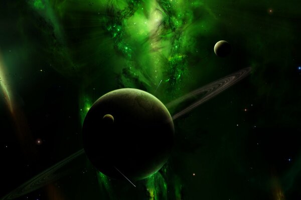 A planet with a ring on a black and green background