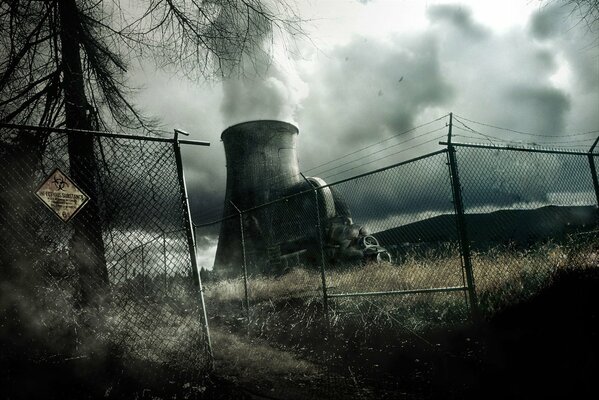 Abandoned nuclear power plant behind barbed wire