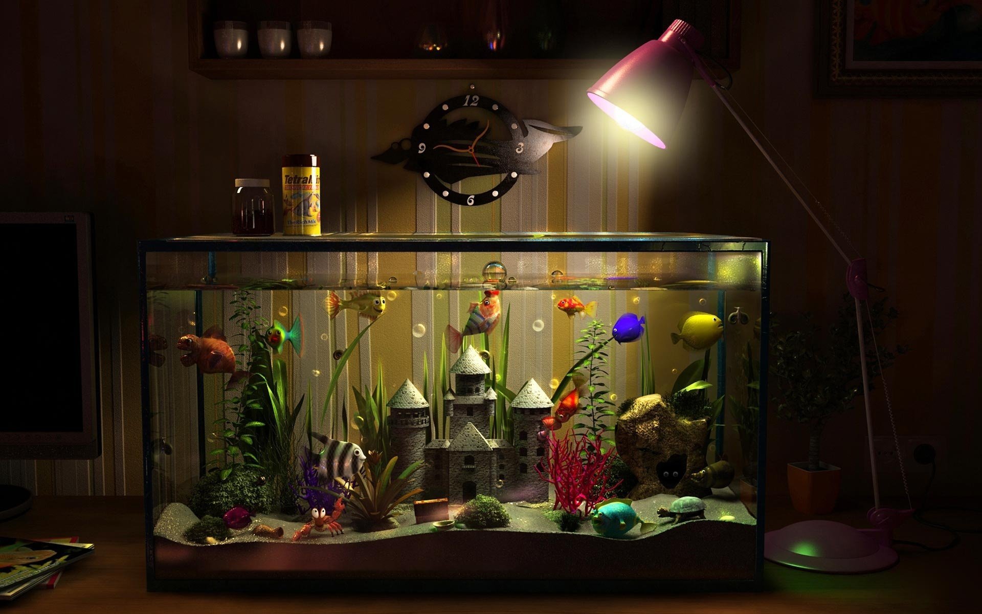 aquarium poissons château eau lampe horloge pots moniteur bulles coffre crabe fleur