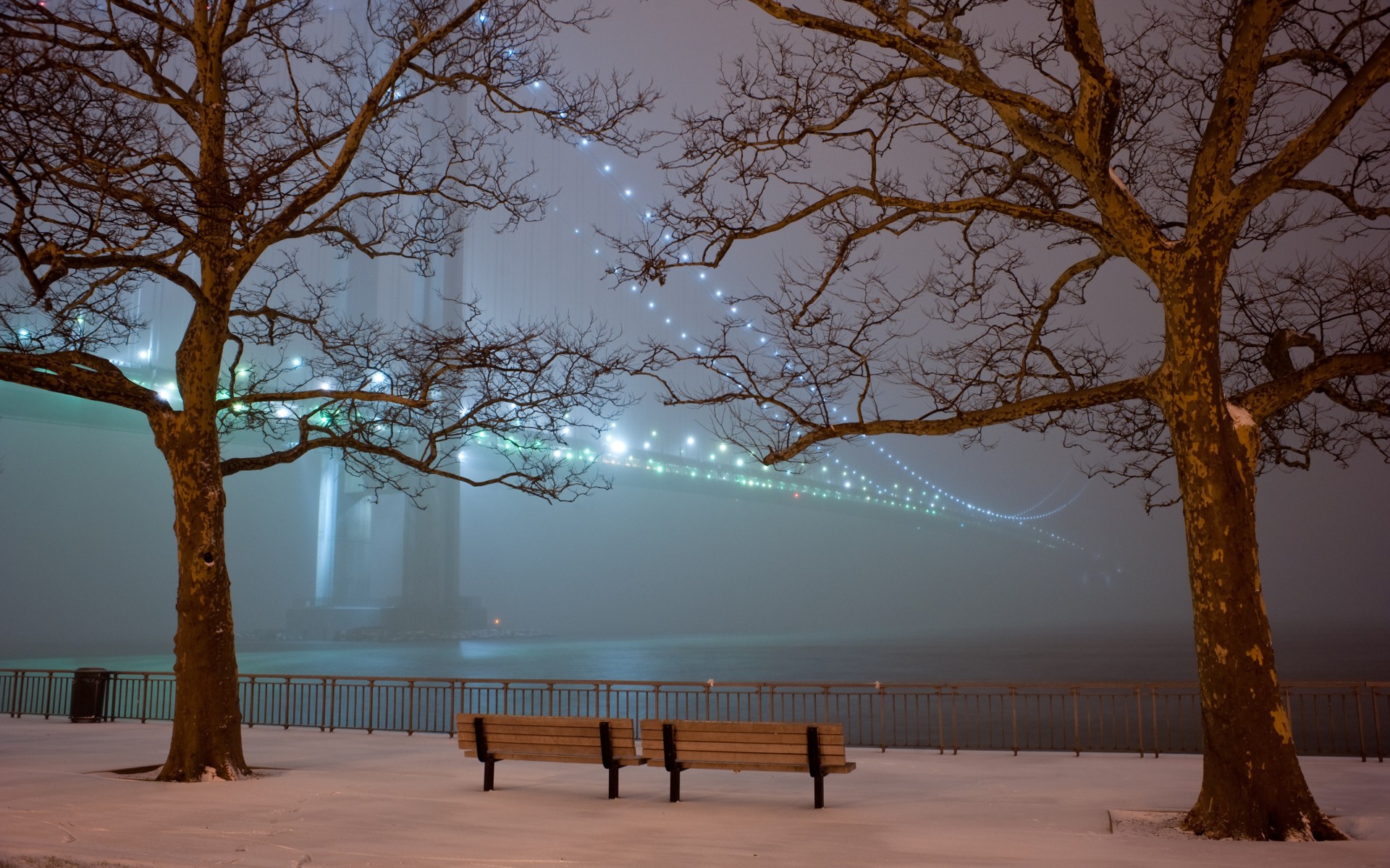 park bänke bäume brücke lichter schnee abend nebel