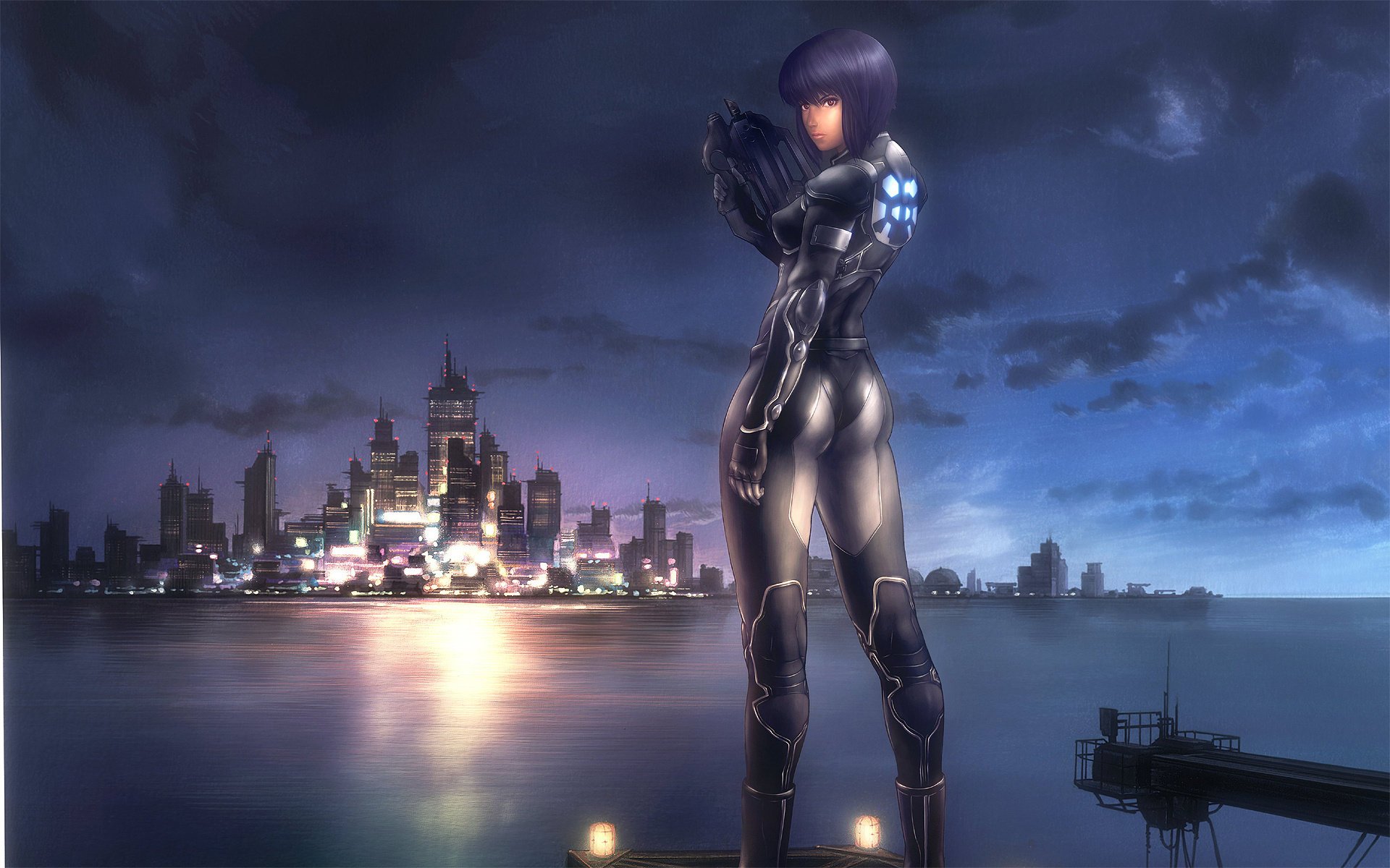 ghost in the shell gits ghost in the shell motoko cyborg division 9 ville nuit lumières surface eau dessins anime filles mégapoles-a eau-a villes-a filles-a ciel nocturne-a lumières des villes-a gratte-ciel-a figure-a érotique-a talia-a