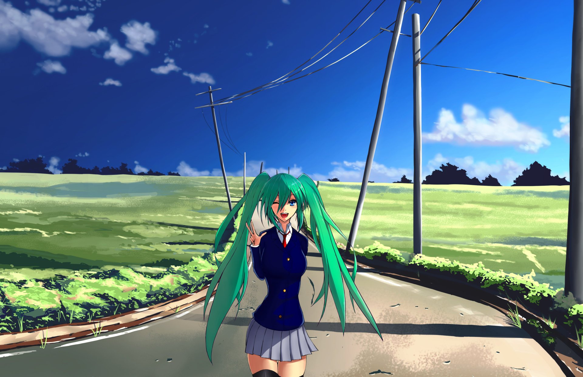 long hatsune miku road green vocaloid hair lawn posts wire clouds girl anime schoolgirl nature the sky