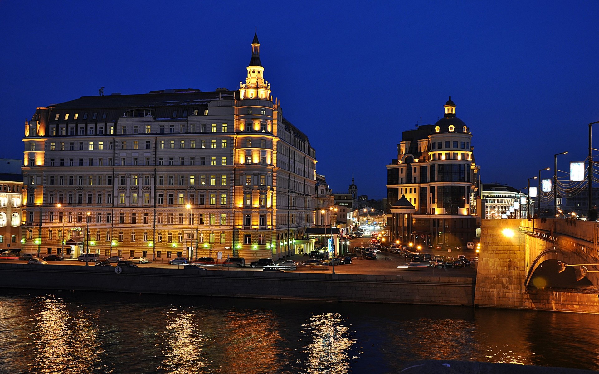 buildings lights embankment