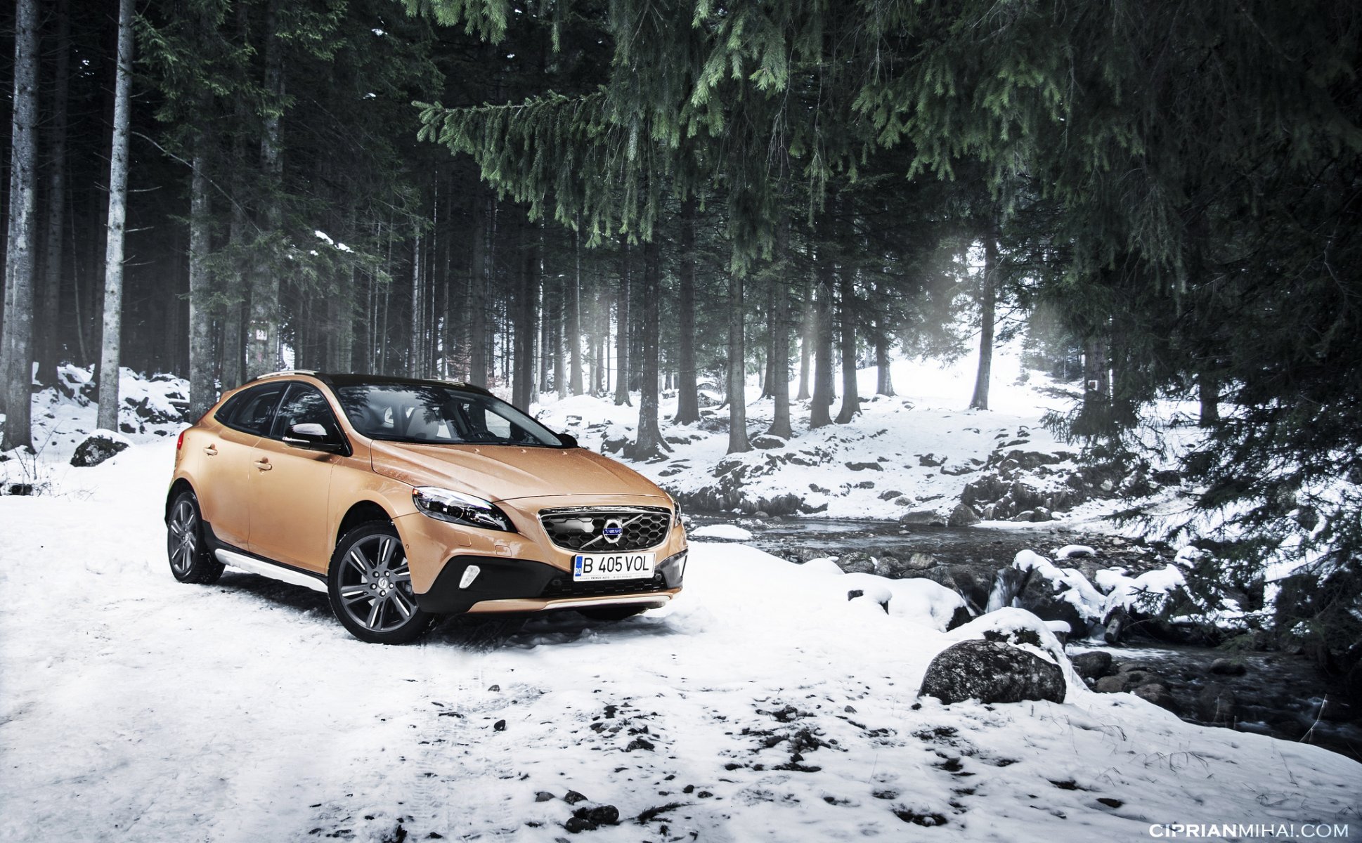 volvo volvo v40 croix de comté neige arbres rivière sapin