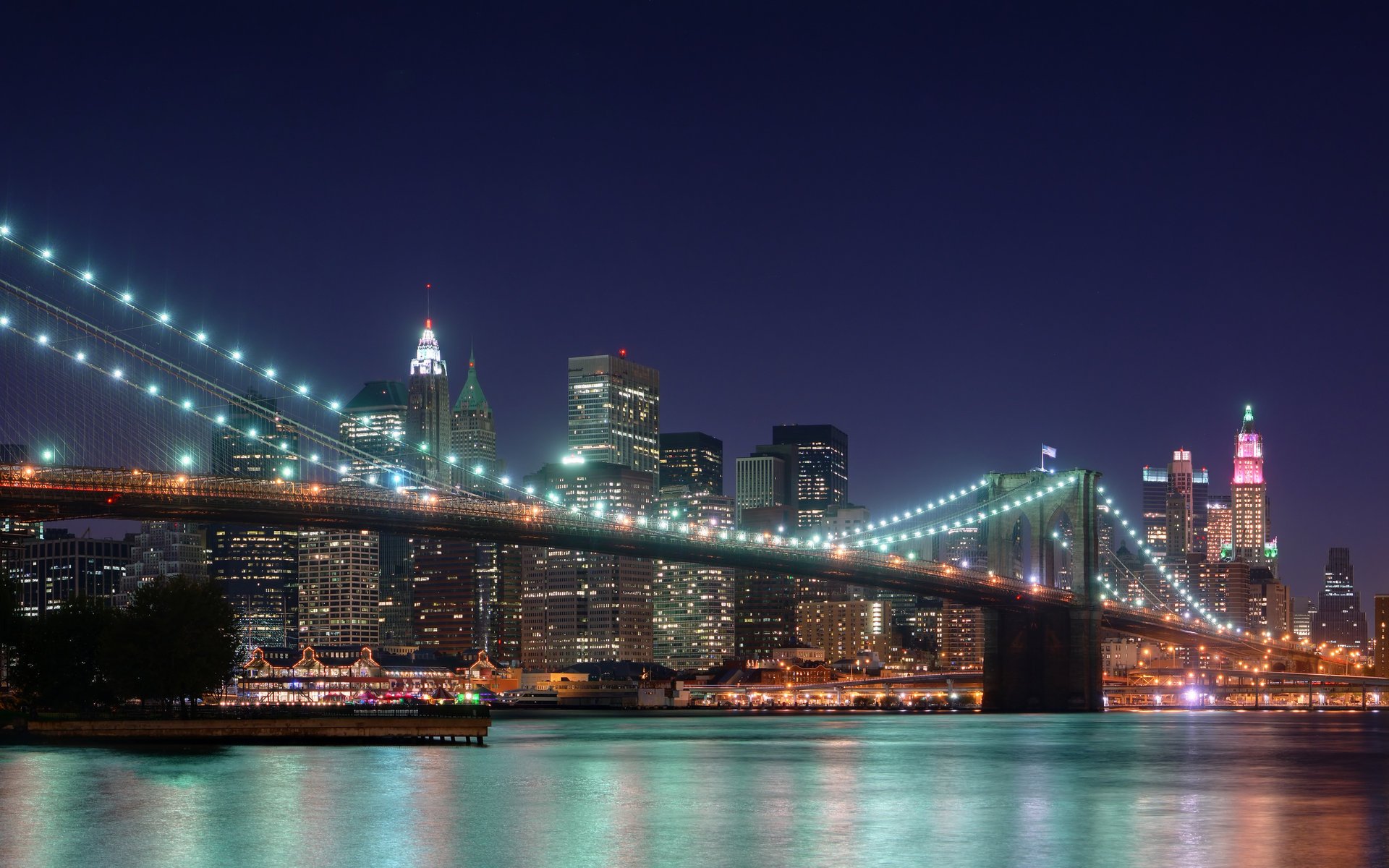 ny nueva york ciudad rascacielos luces noche multi monitors estados unidos ciudades puentes luces de la ciudad