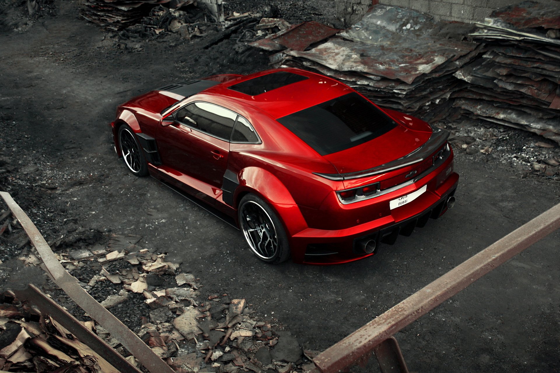 chevrolet camaro chevy camaro chrom carbon auto czerwony carbon samochód sportowy samochód supersamochód widok z tyłu od góry