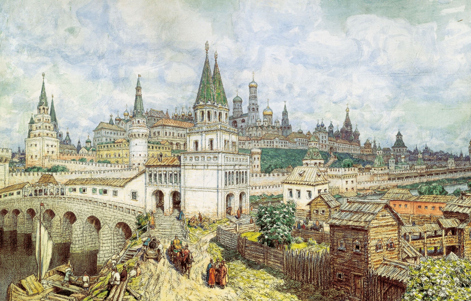 flowering of the kremlin all saints bridge and the kremlin coal watercolor pencil picture