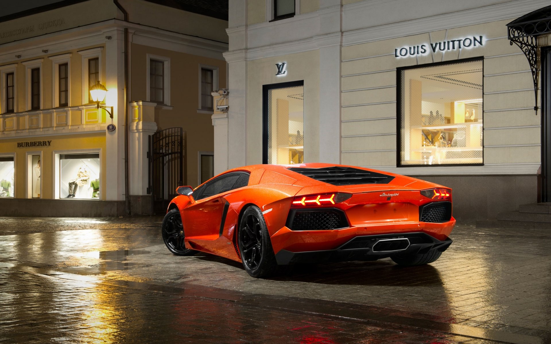 lamborghini aventador lamborghini lp700-4 pomarańczowy supercar auto kałuże noc