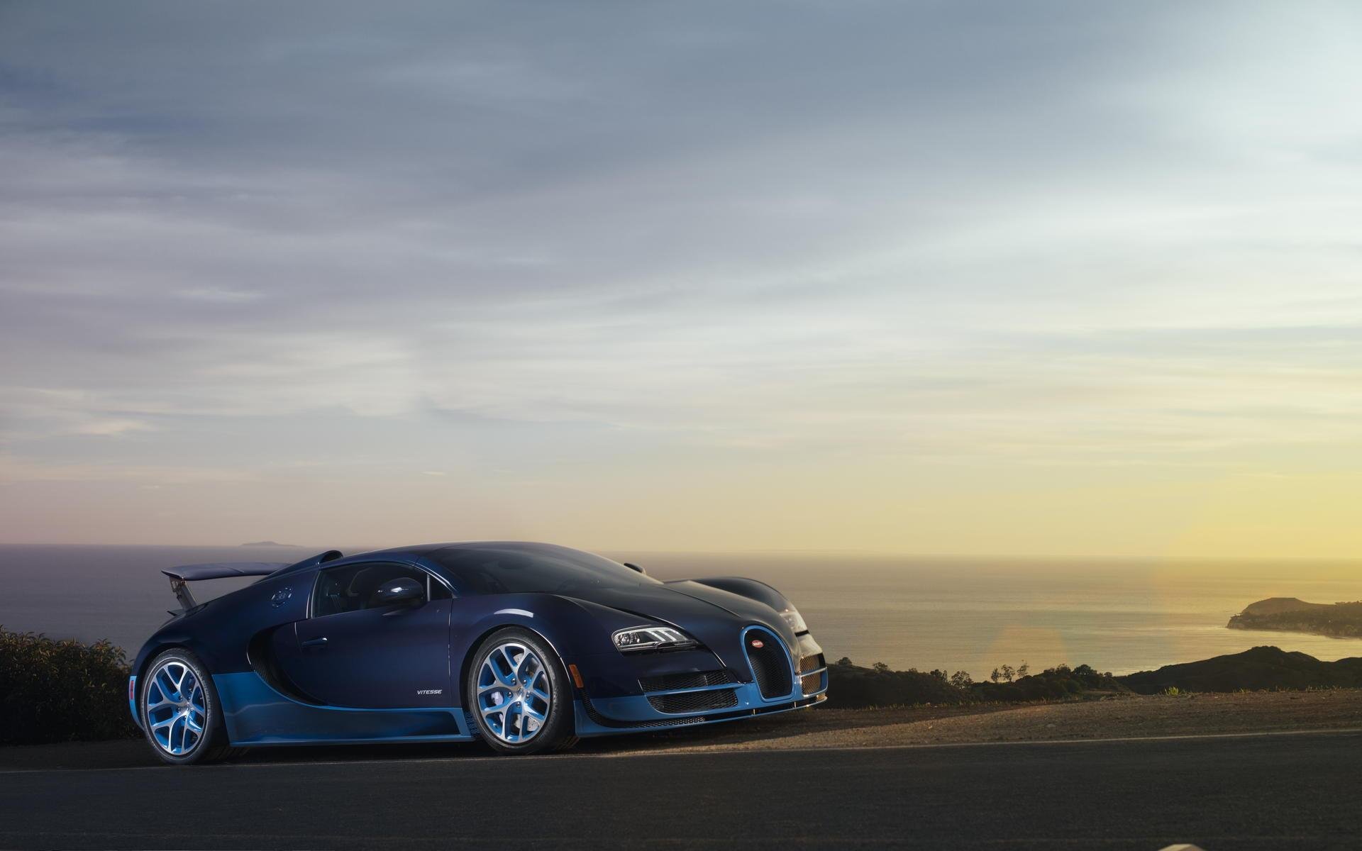 bugatti veyron grand sport vitesse supersamochód morze zachód słońca bugatti veyron niebieski