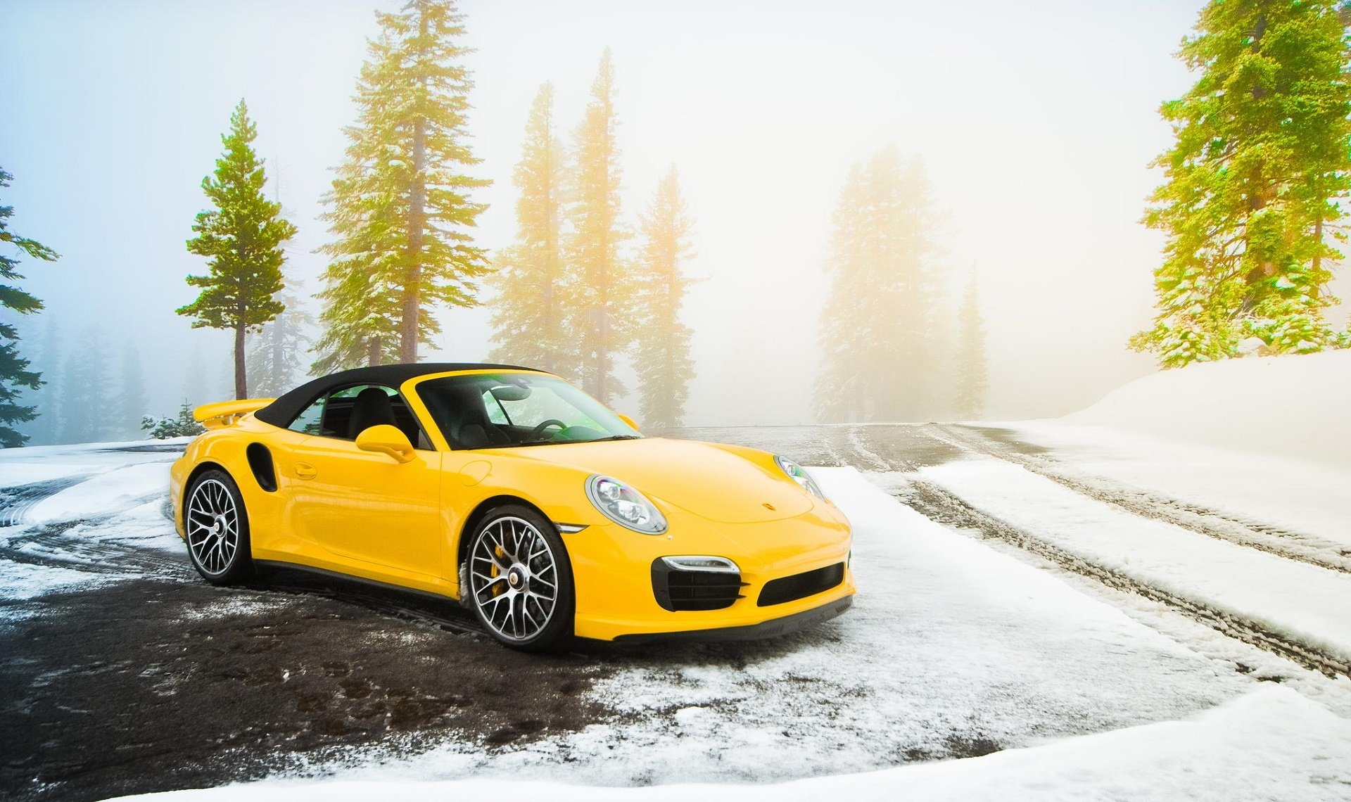 porsche turbo s convertible 2014 snow supercar yellow road spruce porsche