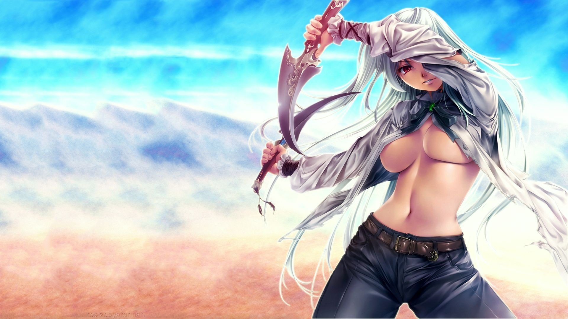 anime daggers chest girl swords long hair strap pants body