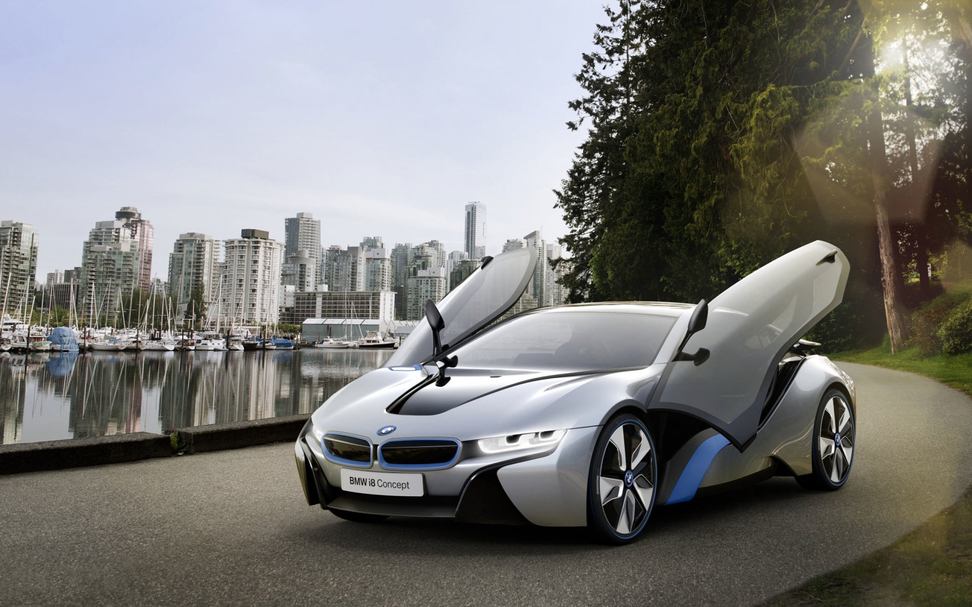 bmw i8 concepto coche carretera puertas ciudad agua