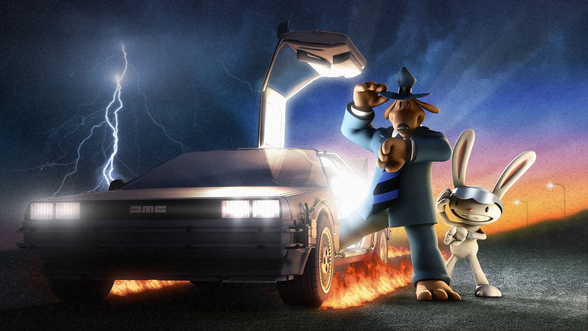 delorian delorean back to future sam and max sam max perro conejo detectives héroes máquina regreso al futuro telltale games rayo descarga fuego llama amigos