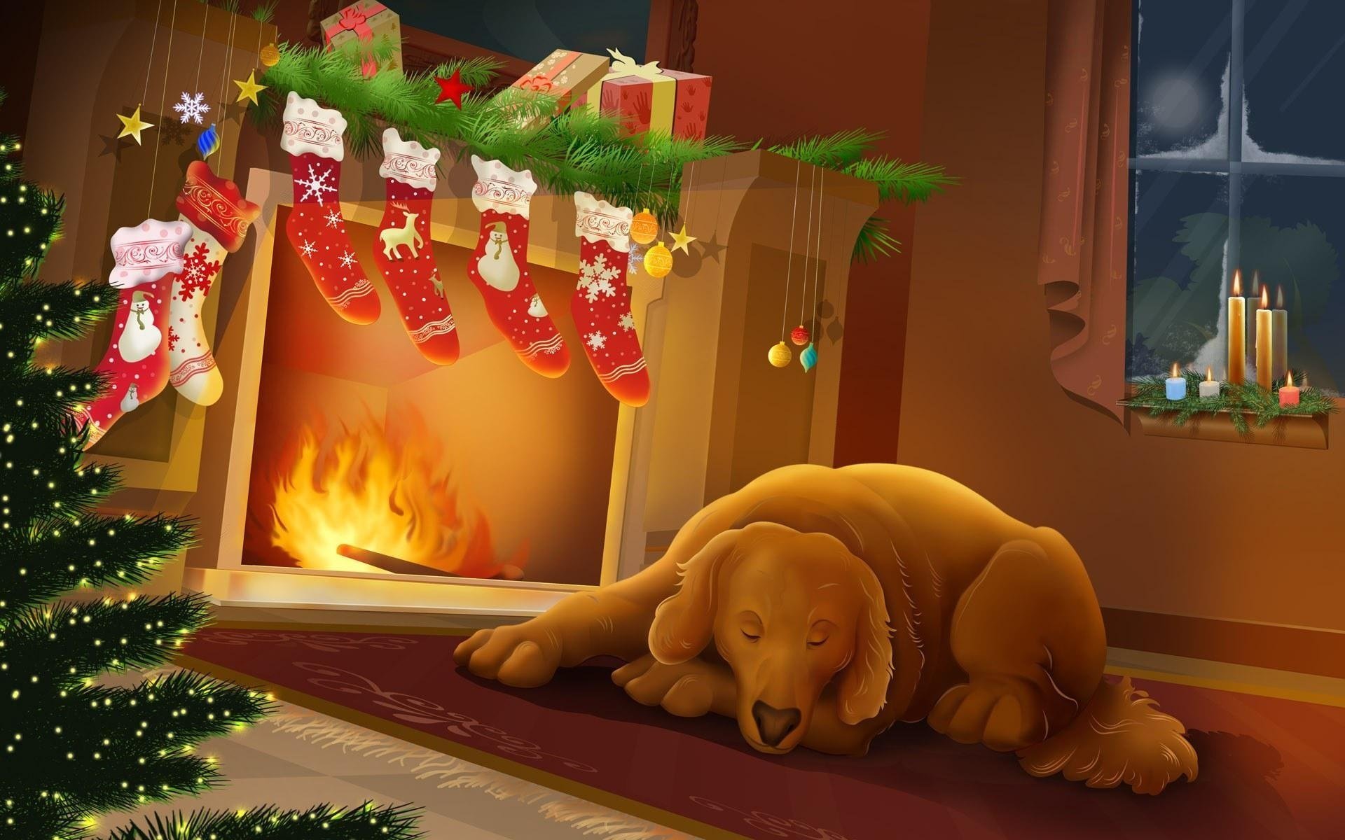 nuovo anno camino notte caldo natale cane vacanza cane calzini regali davanzale albero di natale fuoco camera interni comfort luci decorazioni candele tappeto sogno animale domestico disegni anime