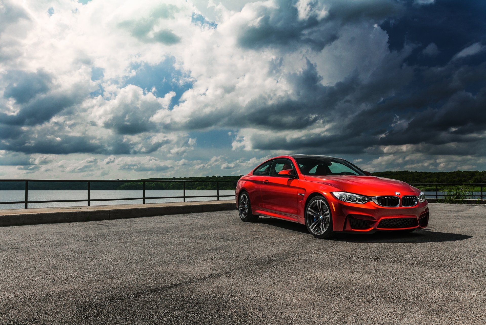 bmw m4 f82 orange bmw embankment sky cloud