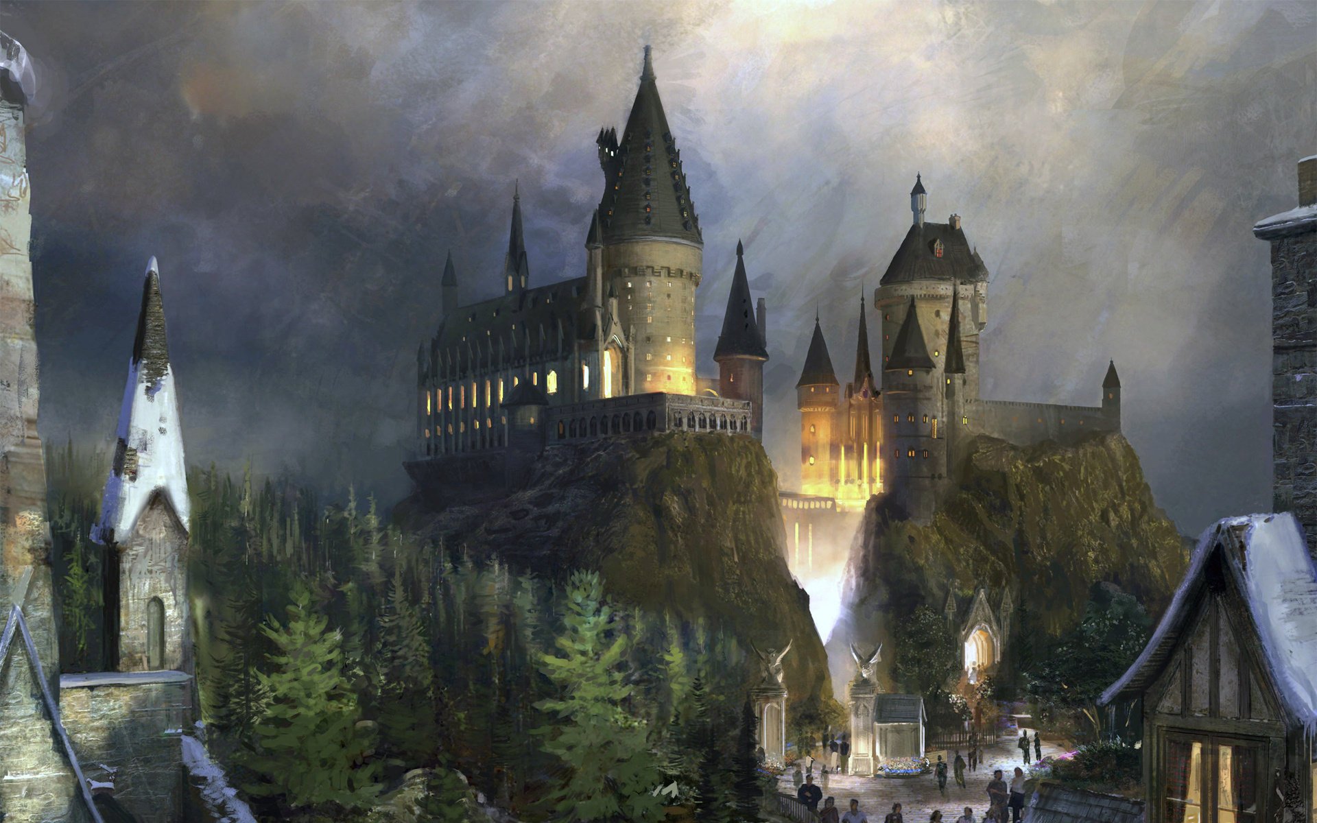 fantasie hogwarts hogwarts harry potter fantasy harry potter schloss wald tanne dämmerung menschen berge rock abend