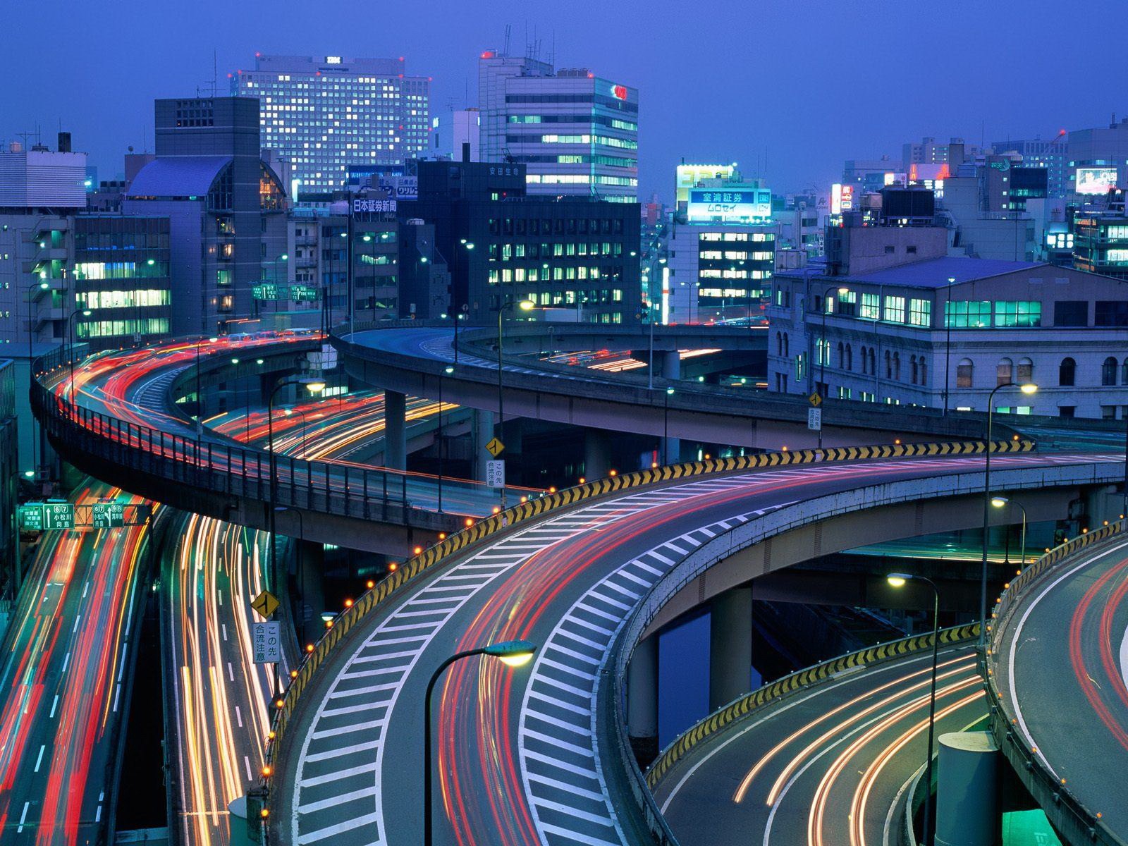 tokio nachtstadt autobahnen lichter häuser laternen