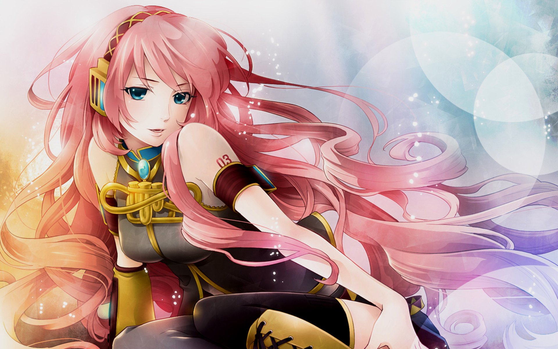 parks headphones megurine luka vocaloid girl anime pink hair long hair curls curls music light drawings eye