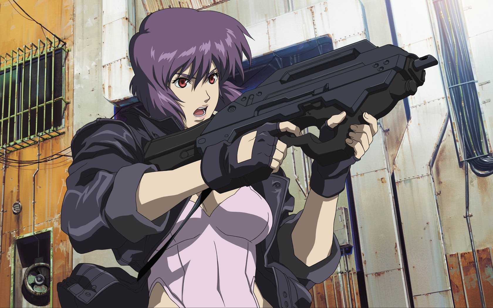 ghost in the shell gits ghost in armor motoko cyborg weapon girl shooting drawings anime shooter