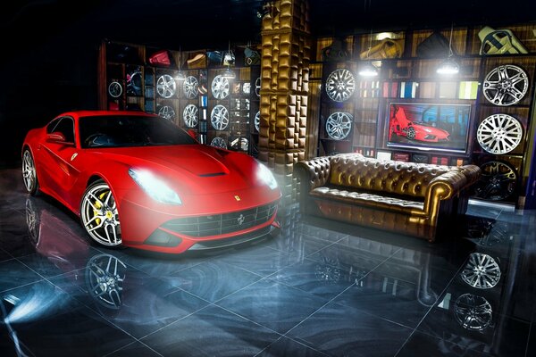 Red Ferrari f12 in a stylish garage