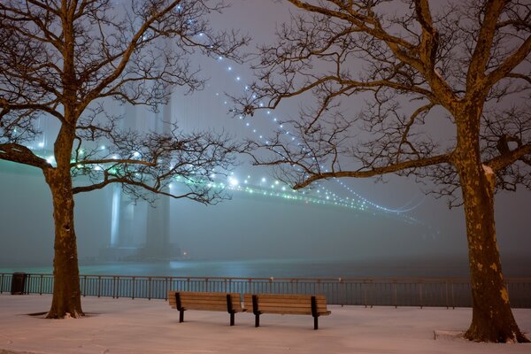 Banco en el puente en la niebla