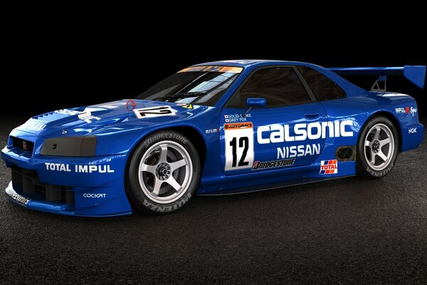 Niebieski nissan calsonic z numerem 12 na czarnym tle