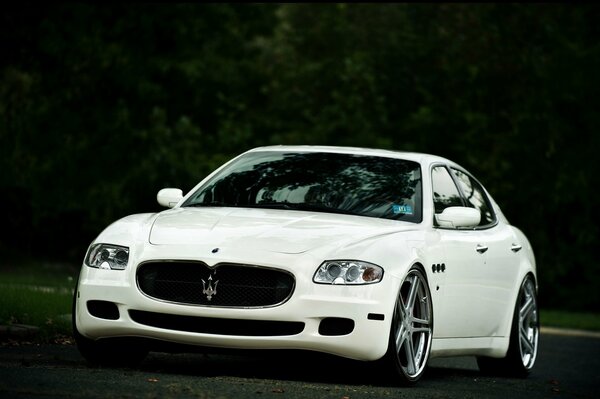 White Maserati on a background of trees