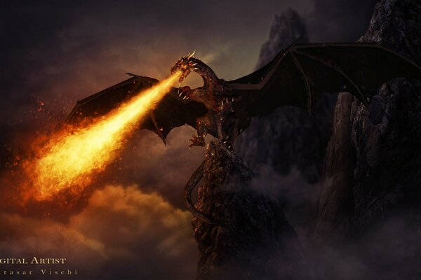 Фантастика огнедыщащий дракон арт