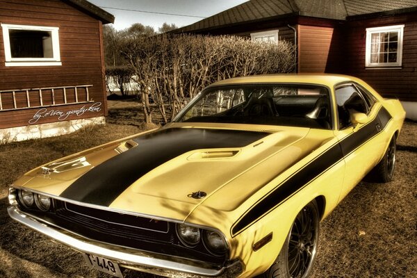 Gelbes Auto Mustang im Hof von Holzhäusern