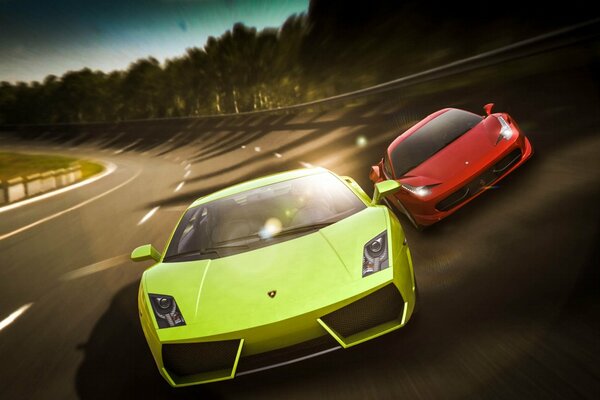 Green Lamborghini Gallardo and red Ferrari italia